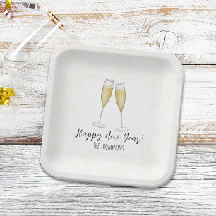 Happy New Years Party Champagne Watercolor Gold Pappteller