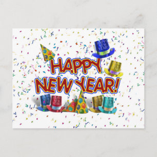 Happy New Years Text mit Party Hats & Confetti Feiertagspostkarte