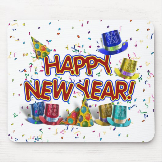 Happy New Years Text mit Party Hats & Confetti Mousepad (Vorne)