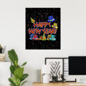 Happy New Years Text mit Party Hats & Confetti Poster (Heimbüro)