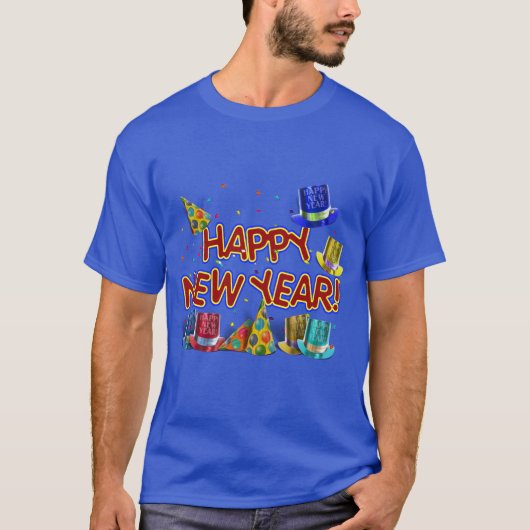Happy New Years Text w/Party Hats & Confetti T-Shirt (Vorderseite)