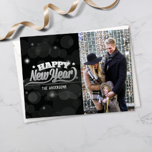 Happy New Years Typografy   FOTO   Black Bokeh Postkarte