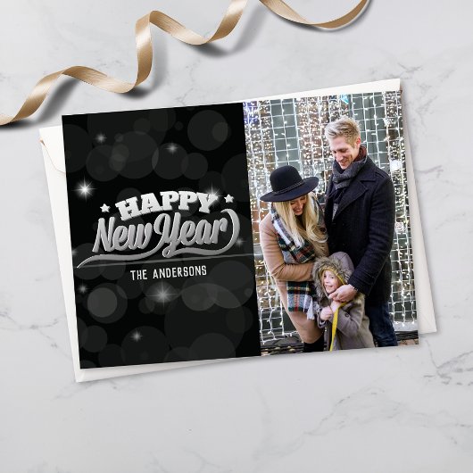 Happy New Years Typografy | FOTO | Black Bokeh Postkarte