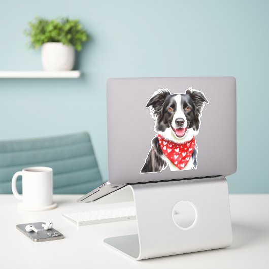 Happy Niedlich Border Collie mit Red Heart Bandana Aufkleber (Laptop auf Schreibtisch)