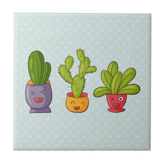 Happy Niedlich Cactus in Blume Pots Fun Illustrati Fliese (Vorderseite)