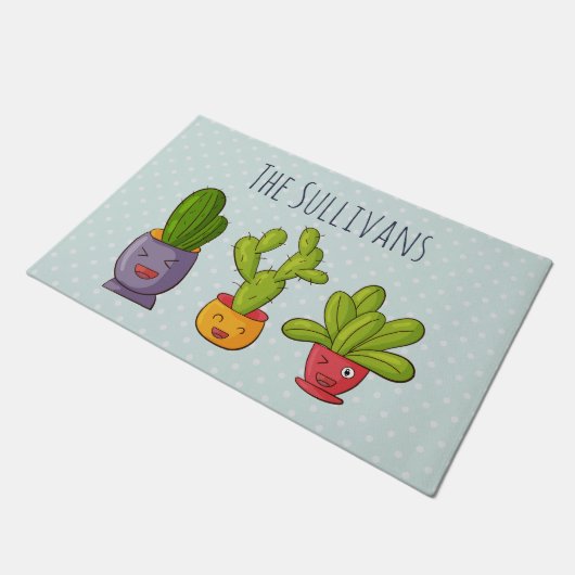 Happy Niedlich Cactus in Blume Pots Fun Illustrati Fußmatte (Schrägansicht)