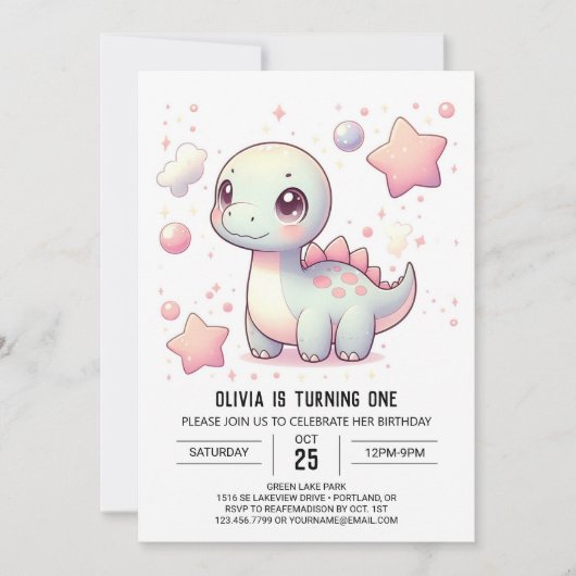 Happy Niedlich Dinosaur 1. Geburtstag Einladung (Vorderseite)