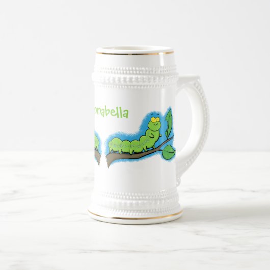 Happy niedlich Green Raupe Cartoon Illustration Bierglas (VorderseiteRechts)