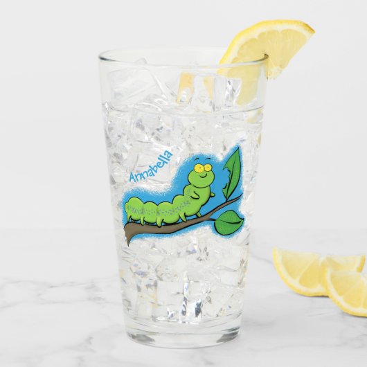 Happy niedlich Green Raupe Cartoon Illustration Glas (Rückseite Ice)