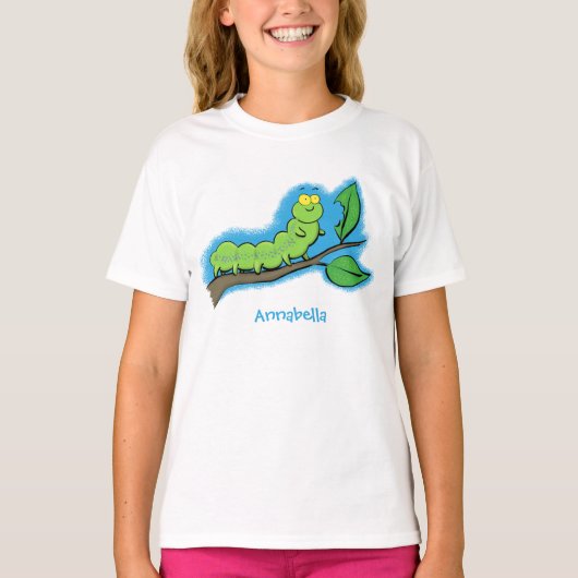 Happy niedlich Green Raupe Cartoon Illustration T-Shirt (Vorderseite)