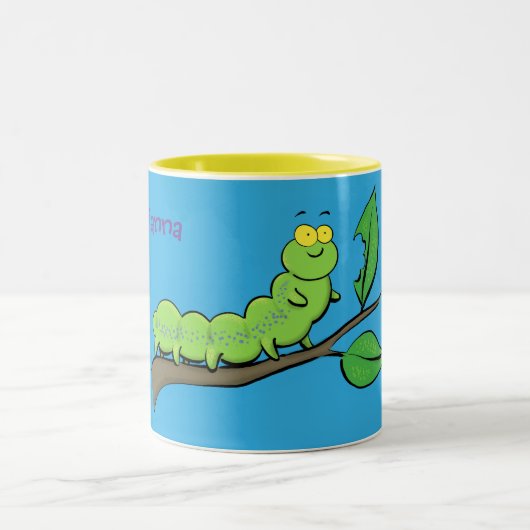 Happy niedlich Green Raupe Cartoon Illustration Zweifarbige Tasse (Mittel)