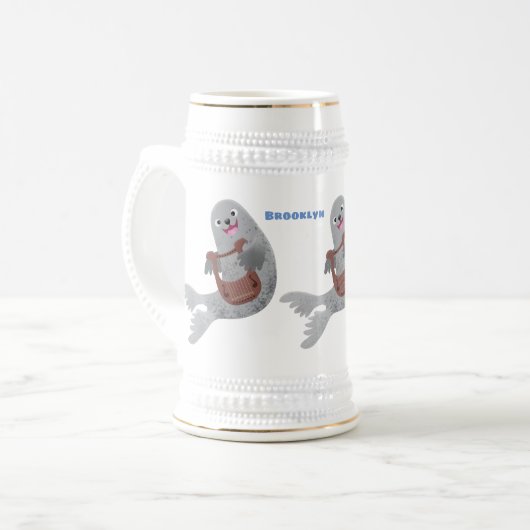 Happy niedlich Harp Siegel Cartoon Illustration Bierglas (Vorderseite Links)