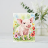 Happy Niedlich Pig Blume Junge Tiere Postkarte (Stehend Vorderseite)