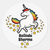 Happy Niedlich Rainbow Unicorn Student Name Label Runder Aufkleber (Vorderseite)