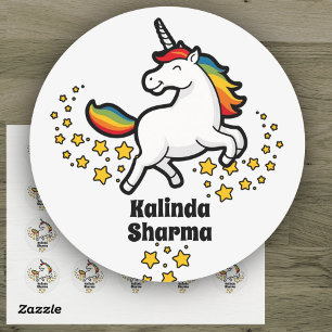 Happy Niedlich Rainbow Unicorn Student Name Label Runder Aufkleber