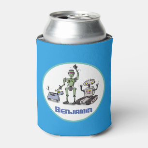 Happy niedliche Roboter Trio-Cartoon auf blauem Hi Dosenkühler