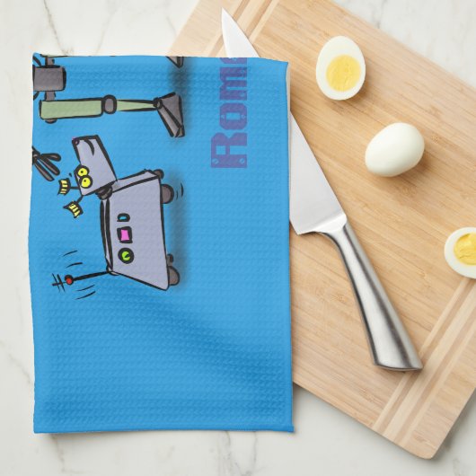 Happy niedliche Roboter Trio-Cartoon auf blauem Hi Geschirrtuch (Viertel Falte)