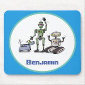 Happy niedliche Roboter Trio-Cartoon auf blauem Hi Mousepad (Vorne)
