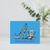 Happy niedliche Roboter Trio-Cartoon auf blauem Hi Postkarte (Stehend Vorderseite)