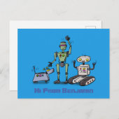 Happy niedliche Roboter Trio-Cartoon auf blauem Hi Postkarte (Vorne/Hinten)