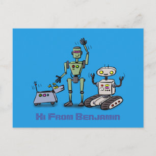 Happy niedliche Roboter Trio-Cartoon auf blauem Hi Postkarte