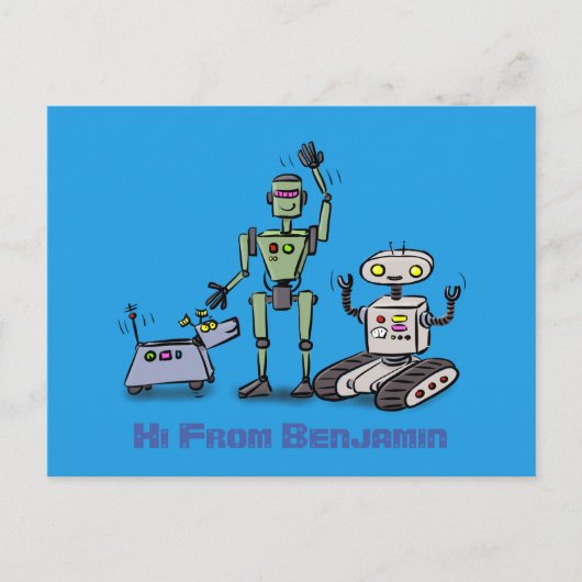 Happy niedliche Roboter Trio-Cartoon auf blauem Hi Postkarte (Vorderseite)