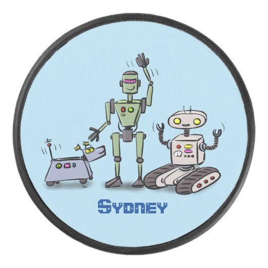 Happy niedliche Roboter Trio-Cartoon Eishockey Puck (Vorderseite)