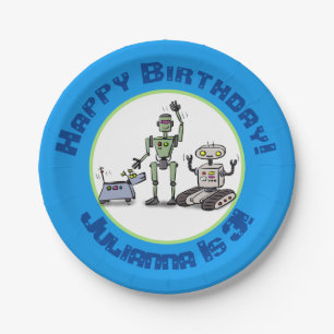 Happy niedliche Roboter Trio-Cartoon Pappteller