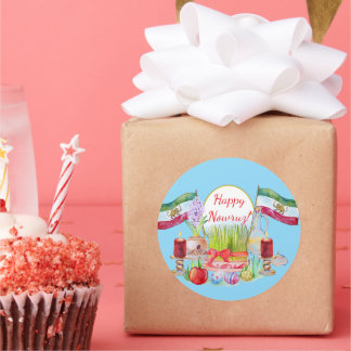 Happy Norooz Haft Sin with Lion and Sun Flags Runder Aufkleber