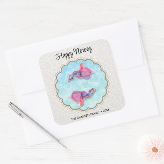 Happy Noroz Mubarak Fisch Orient farbiges Muster Quadratischer Aufkleber (Umschlag)