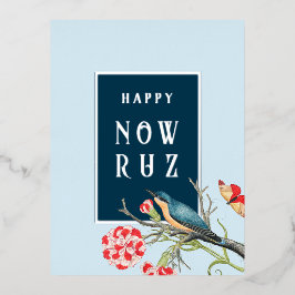 Happy Nowruz Blue Songbird Foil Postcard Folien Feiertagspostkarte