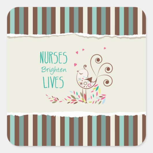 Happy Nurses Day, Niedlicher Vogel auf Streifen Quadratischer Aufkleber (Vorderseite)