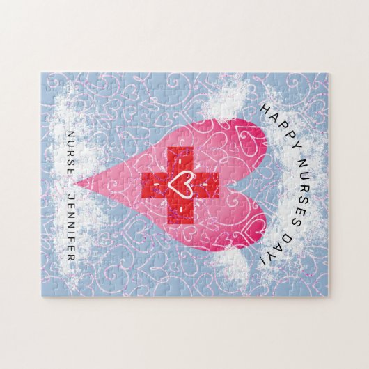 Happy Nurses Day Pink Heart with Wings Personalize Puzzle (Horizontal)