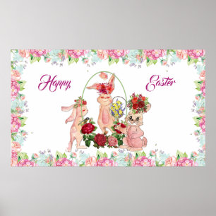 Happy Oaster 3 Bunny Watercolor Pink Blauer Blauer Poster