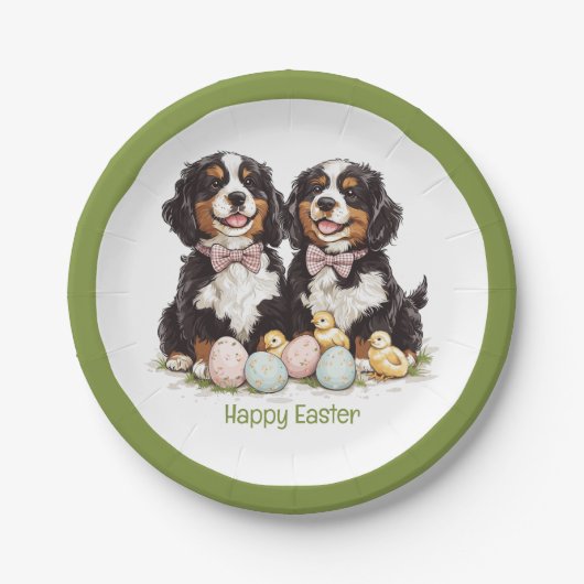 Happy Oaster Bernese Berge Hunde Ostereier Pappteller (Vorderseite)