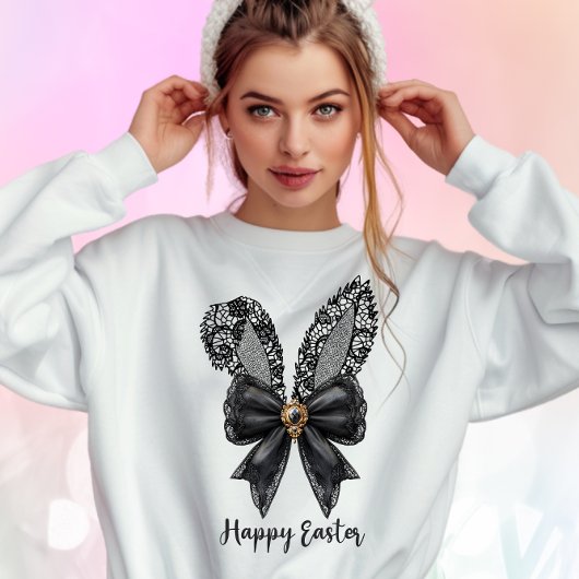 Happy Oaster Black Lace Bunny Lace Oars Lace Bow Sweatshirt