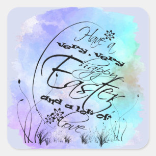 Happy Oaster Blue Lila Calligraphy Illustration Quadratischer Aufkleber