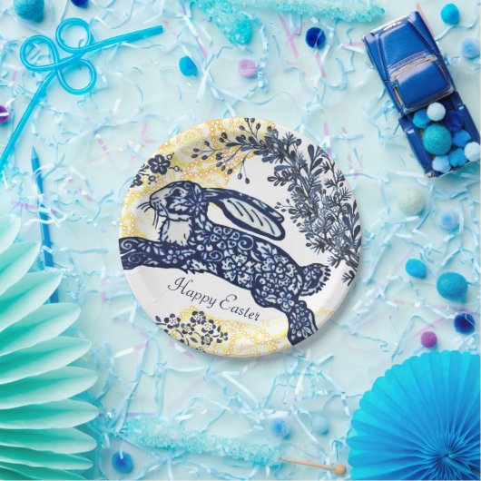 Happy Oaster Blue White Yellow Rabbit Chinoiserie Pappteller (Party)
