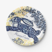 Happy Oaster Blue White Yellow Rabbit Chinoiserie Pappteller (Vorderseite)
