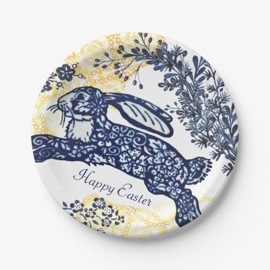 Happy Oaster Blue White Yellow Rabbit Chinoiserie Pappteller (Vorderseite)