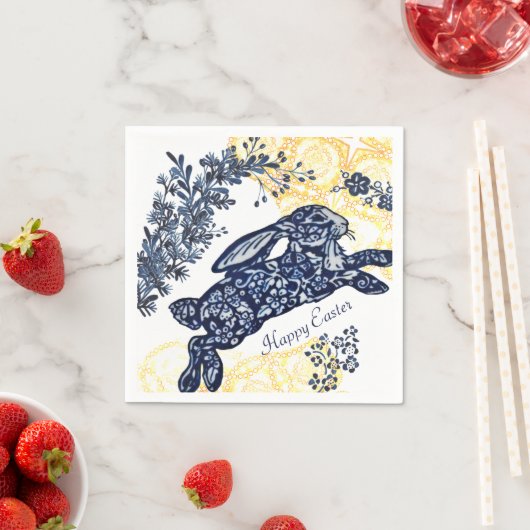 Happy Oaster Blue White Yellow Rabbit Chinoiserie Serviette (Beispiel)