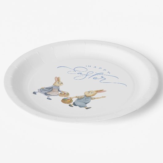 Happy Oaster Bunnies mit Eierkörben Pappteller (Schrägansicht)