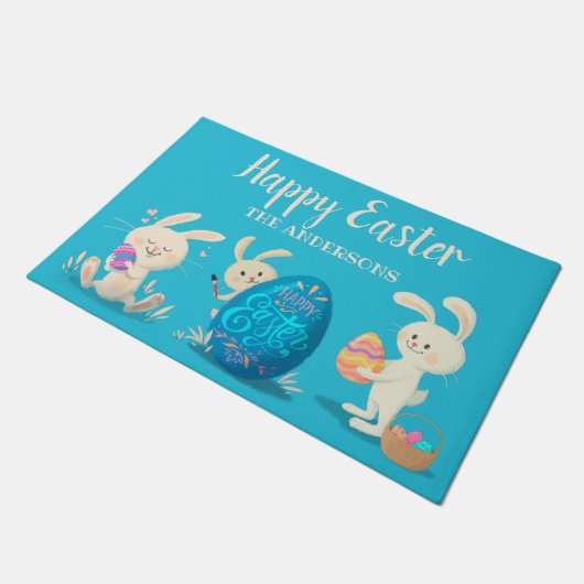 Happy Oaster Bunnies und Ostereier Personalisiert Fußmatte (Schrägansicht)