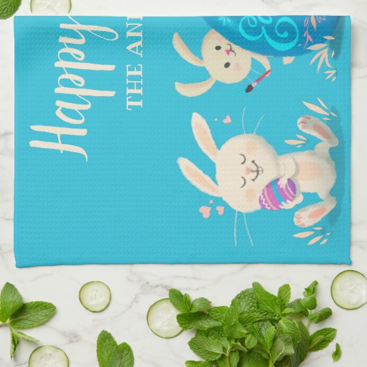 Happy Oaster Bunnies und Ostereier Personalisiert Geschirrtuch (Gefaltet)