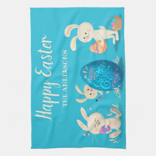 Happy Oaster Bunnies und Ostereier Personalisiert Geschirrtuch (Vertikal)