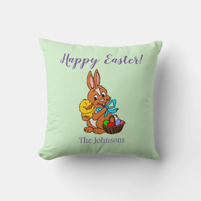 Happy Oaster Bunny and Chick Throw Kissen (Vorderseite)