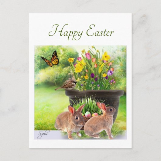 Happy Oaster Bunny and Spring Blumen Postkarte (Vorderseite)