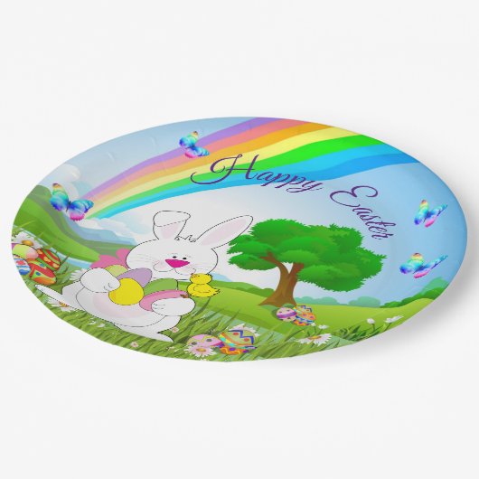 Happy Oaster Bunny Cfarbred Eggs Niedlich Pappteller (Schrägansicht)