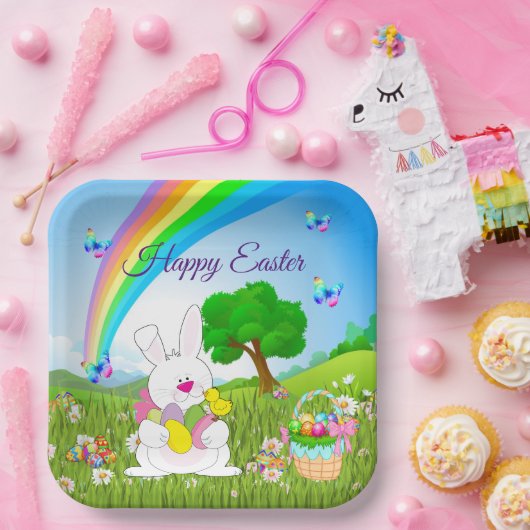 Happy Oaster Bunny Cfarbred Eggs Niedlich Pappteller (Party)