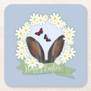 Happy Oaster Bunny Ears Daisies Wreath Rechteckiger Pappuntersetzer